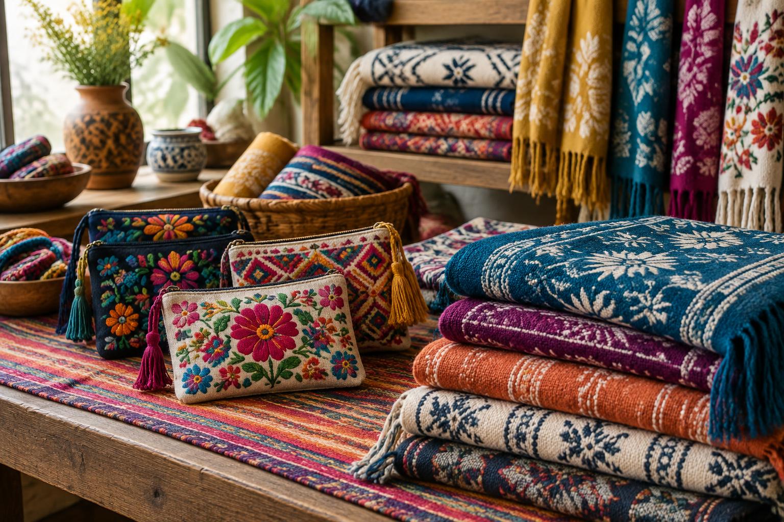 Textiles hechos a mano en una tienda demostrativa